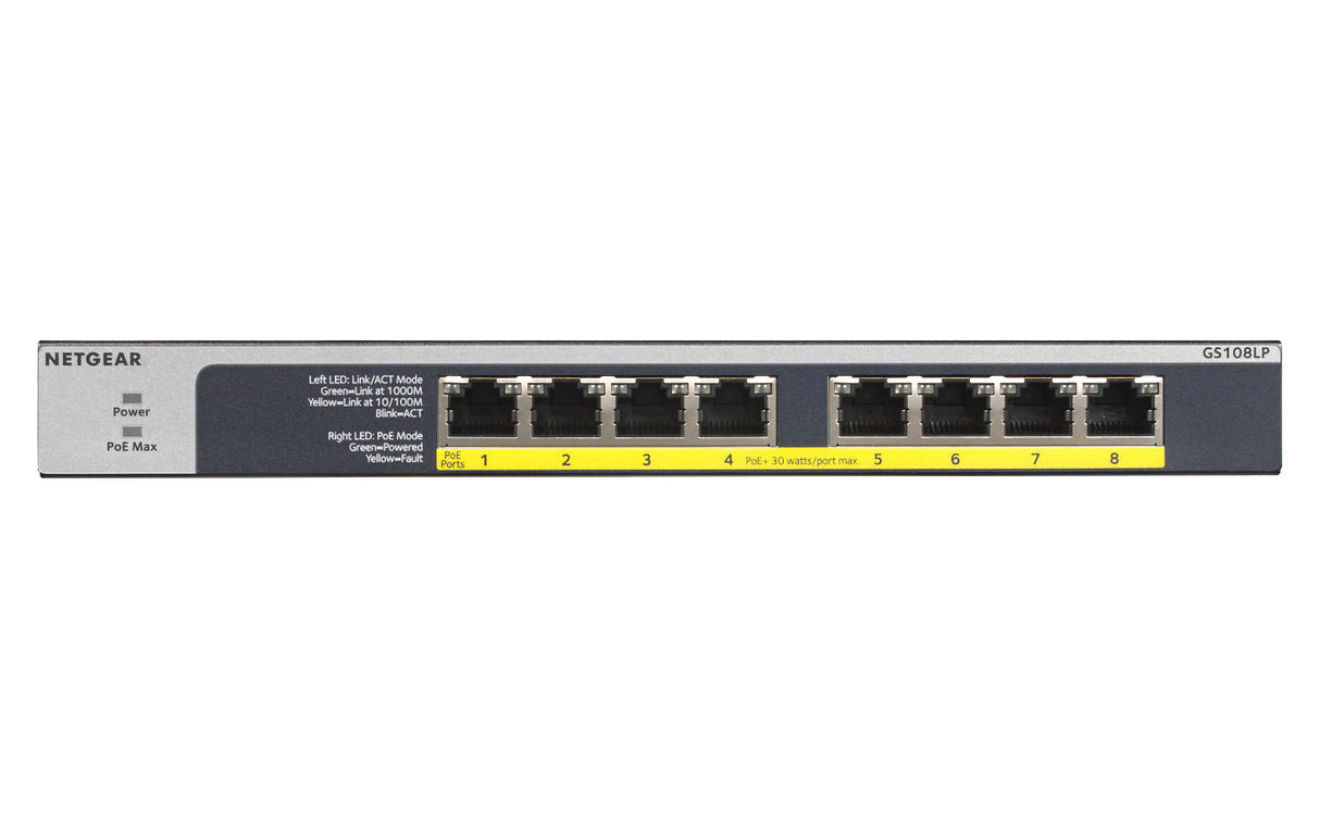 GS108LP Unmanaged Gigabit Ethernet (10/100/1000) Power over Ethernet (PoE) 1U Black, Grey