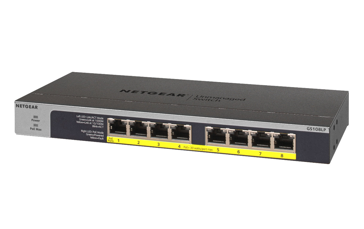 GS108LP Unmanaged Gigabit Ethernet (10/100/1000) Power over Ethernet (PoE) 1U Black, Grey