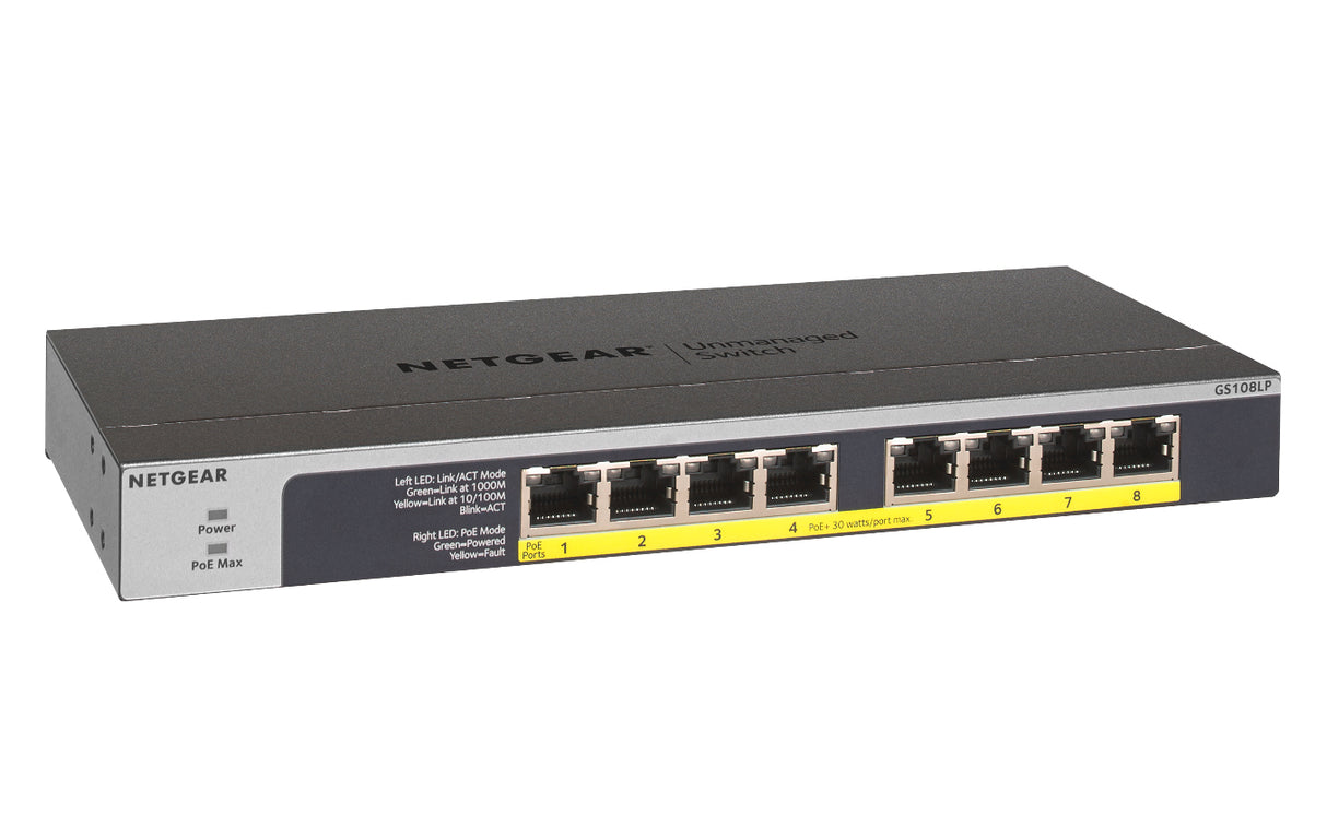 GS108LP Unmanaged Gigabit Ethernet (10/100/1000) Power over Ethernet (PoE) 1U Black, Grey