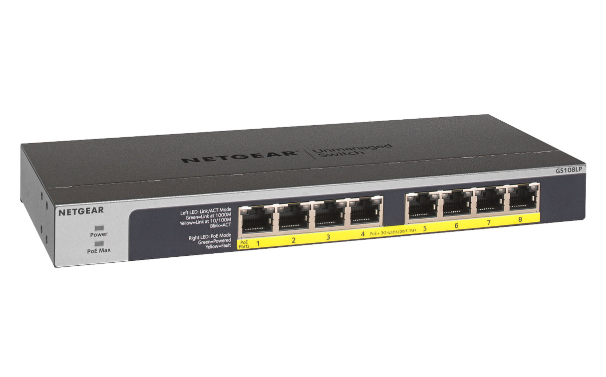 GS108LP Unmanaged Gigabit Ethernet (10/100/1000) Power over Ethernet (PoE) 1U Black, Grey